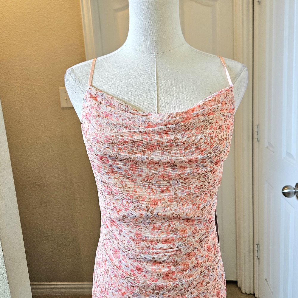 Emerald Sundae Floral Ruched Mesh Bodycon Dress  SIZE XL in Coral Pink NWT - Picture 3 of 10
